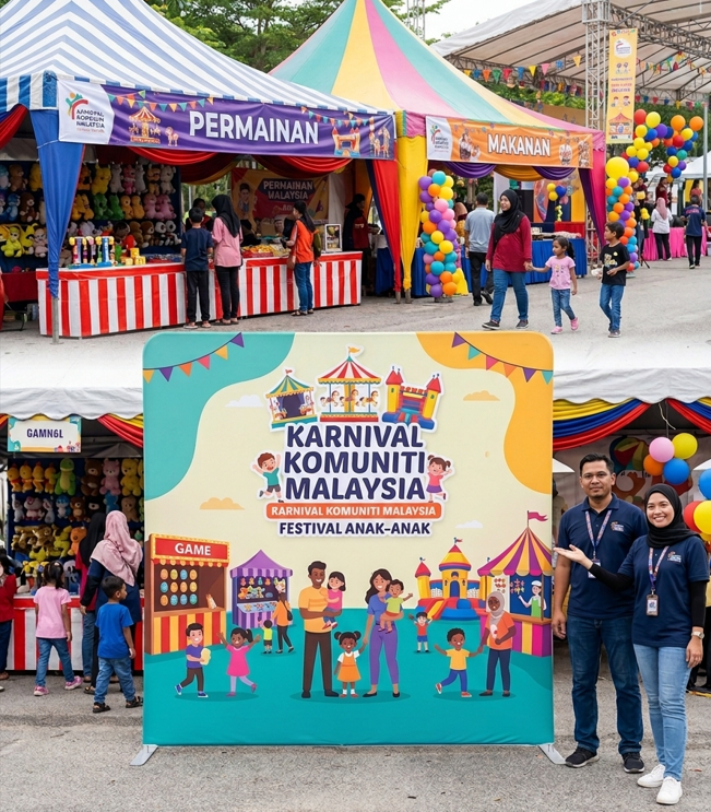 Custom tension stand display for a community carnival event in Malaysia