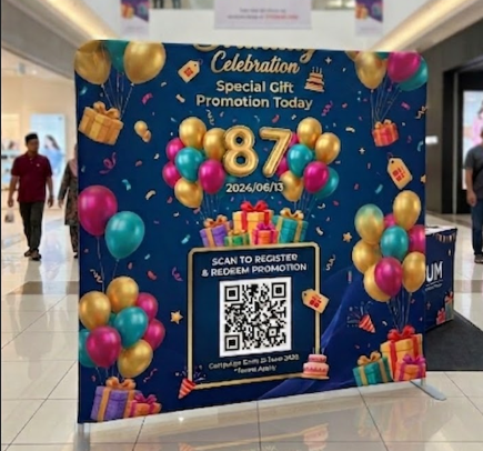Custom tension stand display for an 87th birthday celebration in a shopping mall