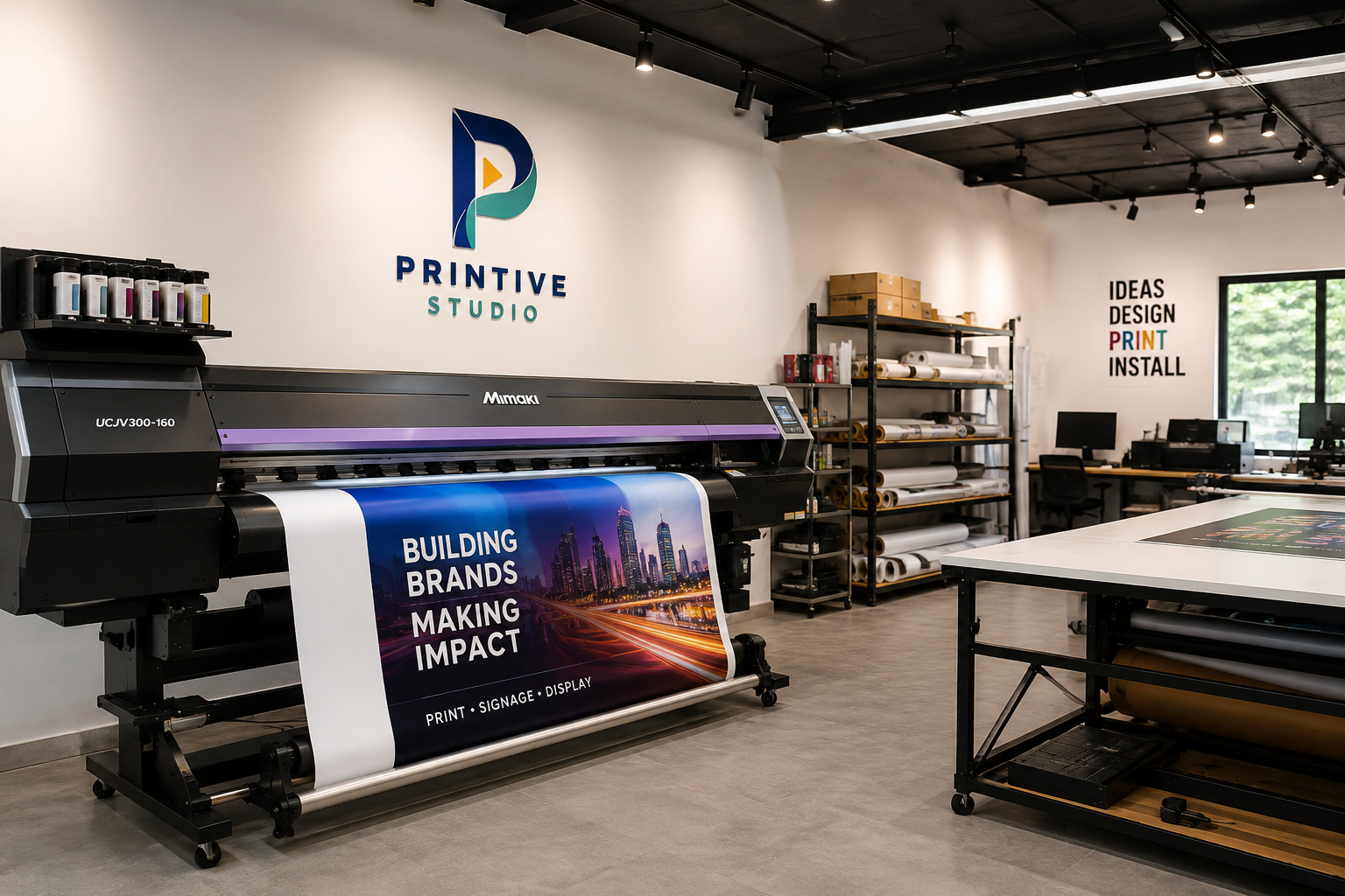 Professional printing and signage production workspace