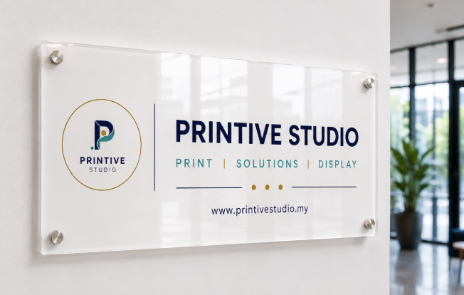 Acrylic office signage for Printive Studio mounted on a wall in a modern office.