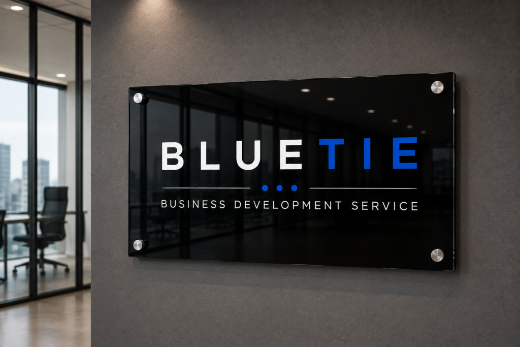 Acrylic office signage for Printive Studio mounted on a wall in a modern office.