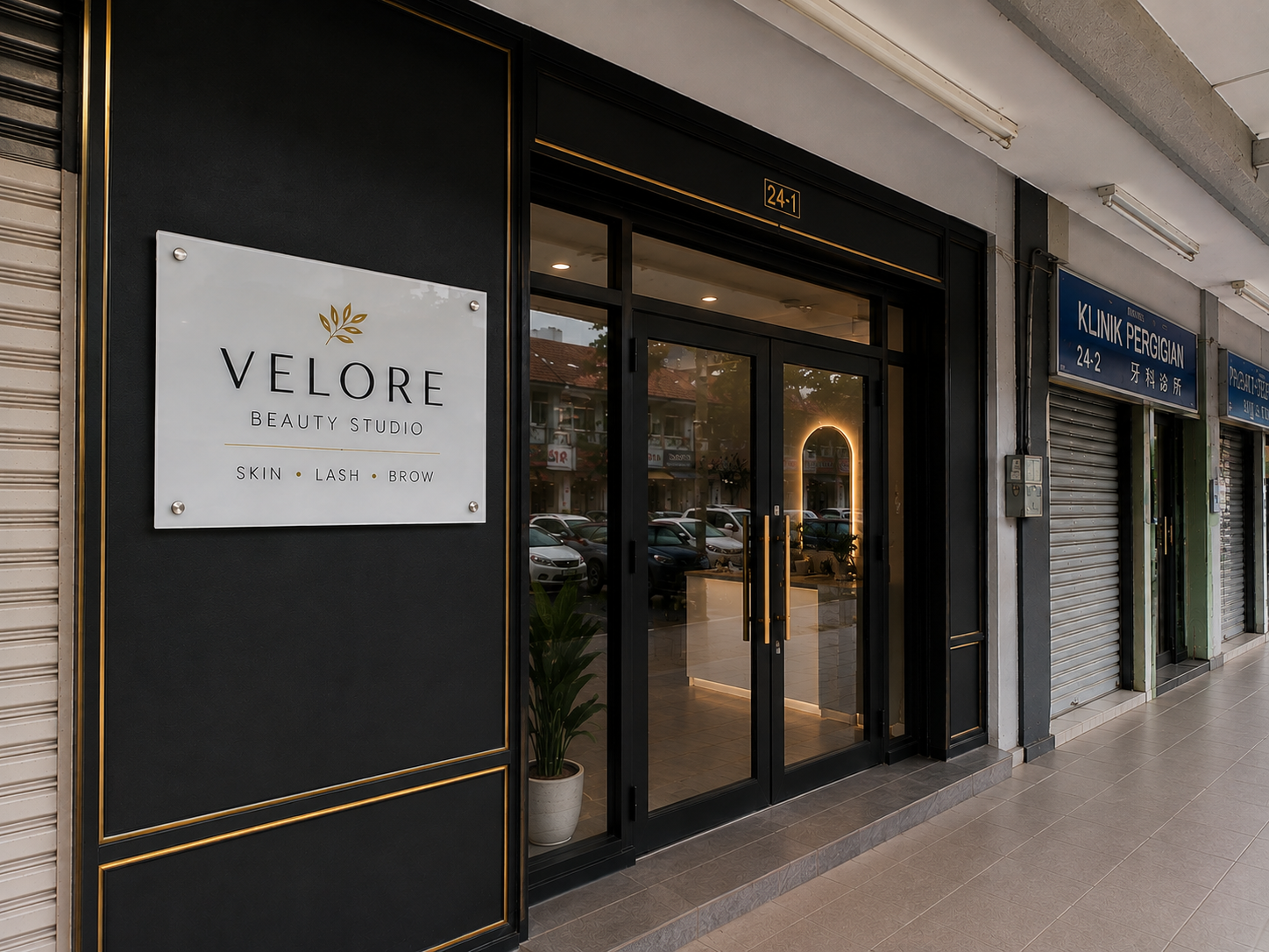 Velore Beauty Studio acrylic signage at a Malaysia shoplot