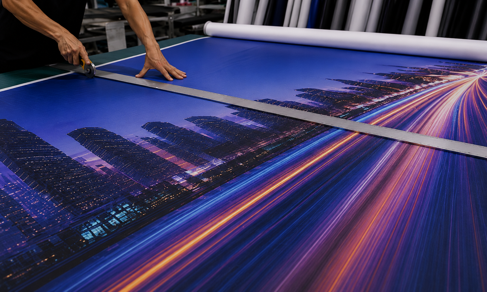 Large-format fabric printing being trimmed on a cutting table