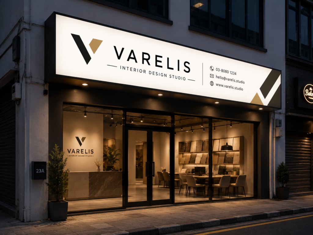 Illuminated lightbox signboard outside a Malaysian interior design studio