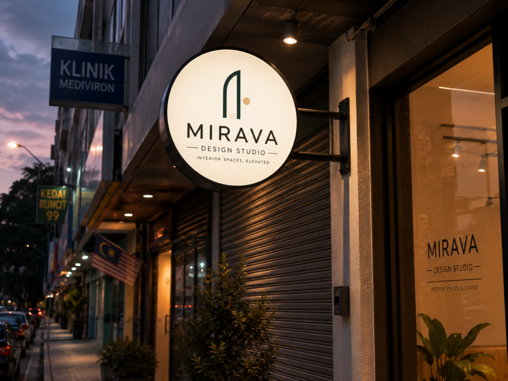Illuminated lollipop signage outside a Malaysian interior design studio