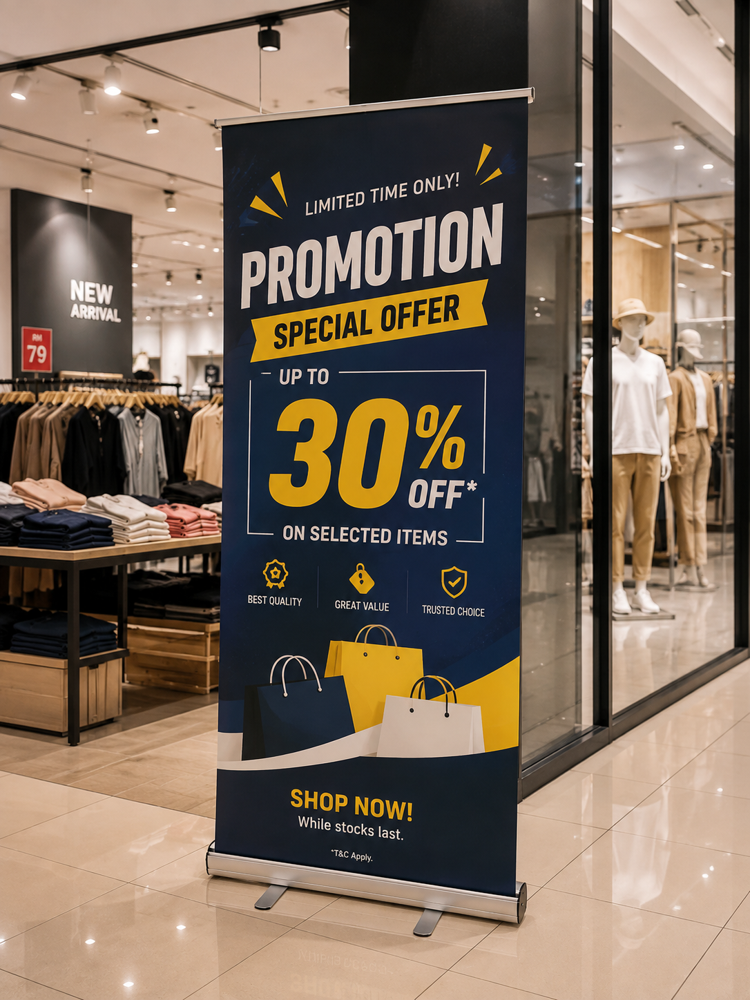 Roll up bunting for retail shop 30 percent off promotion
