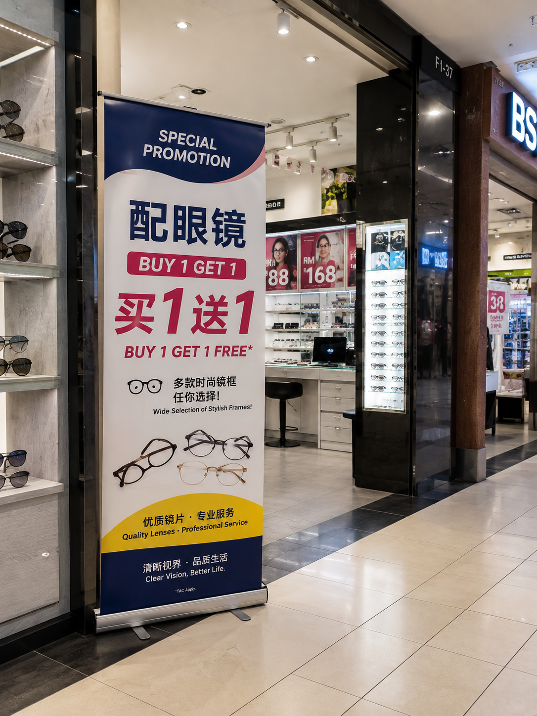 Roll up bunting for eyewear buy 1 get 1 free promotion in a shopping mall