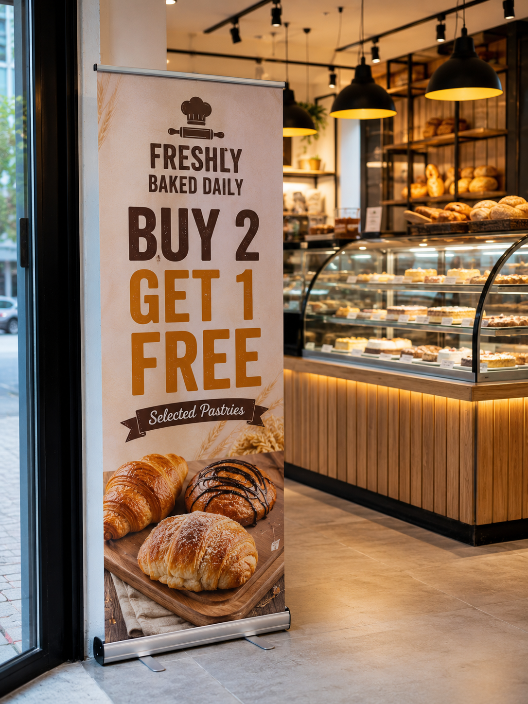 Roll up bunting promoting a bakery buy 2 get 1 free pastry offer
