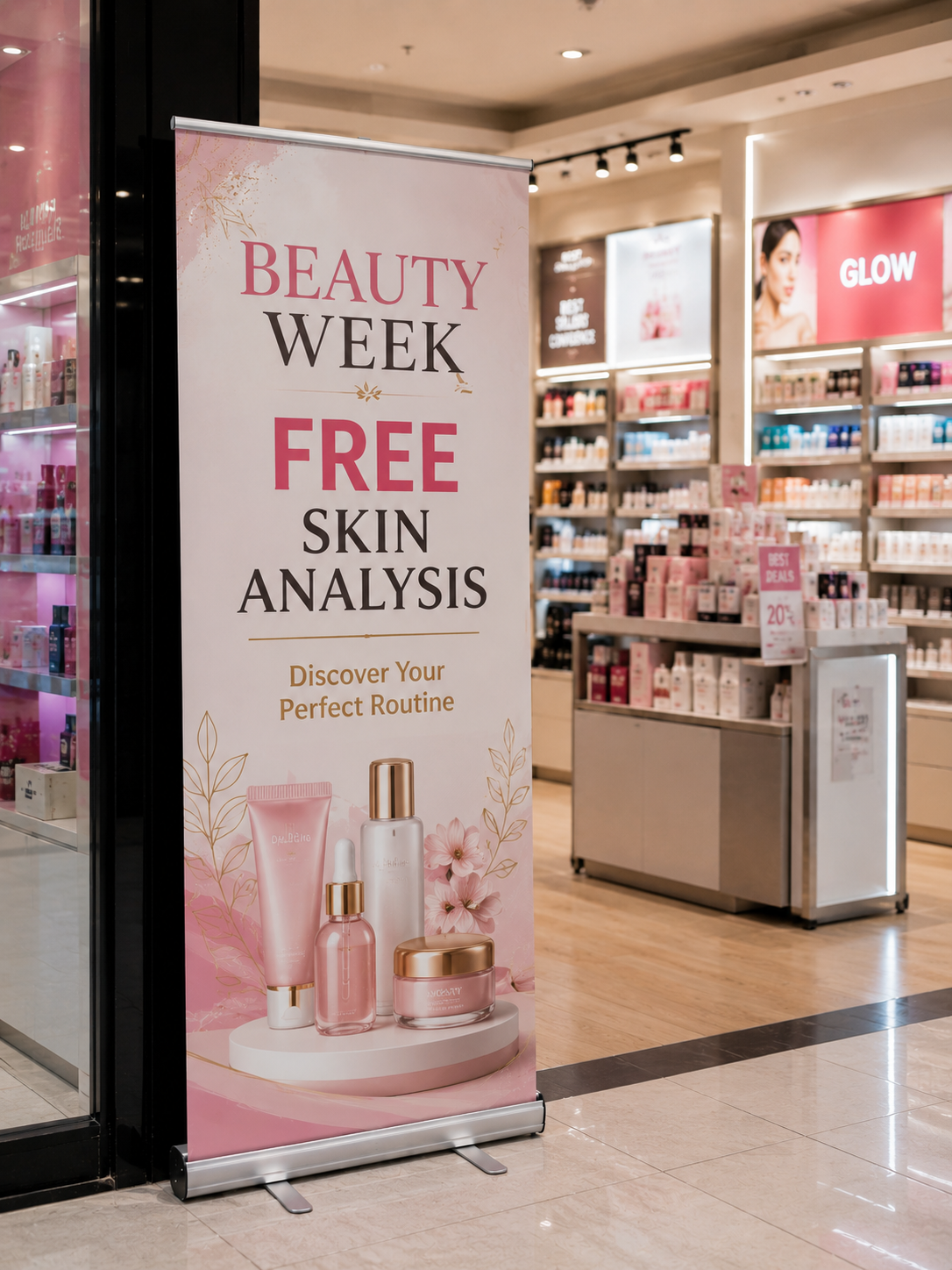 Roll up bunting promoting free skin analysis in a beauty retail store