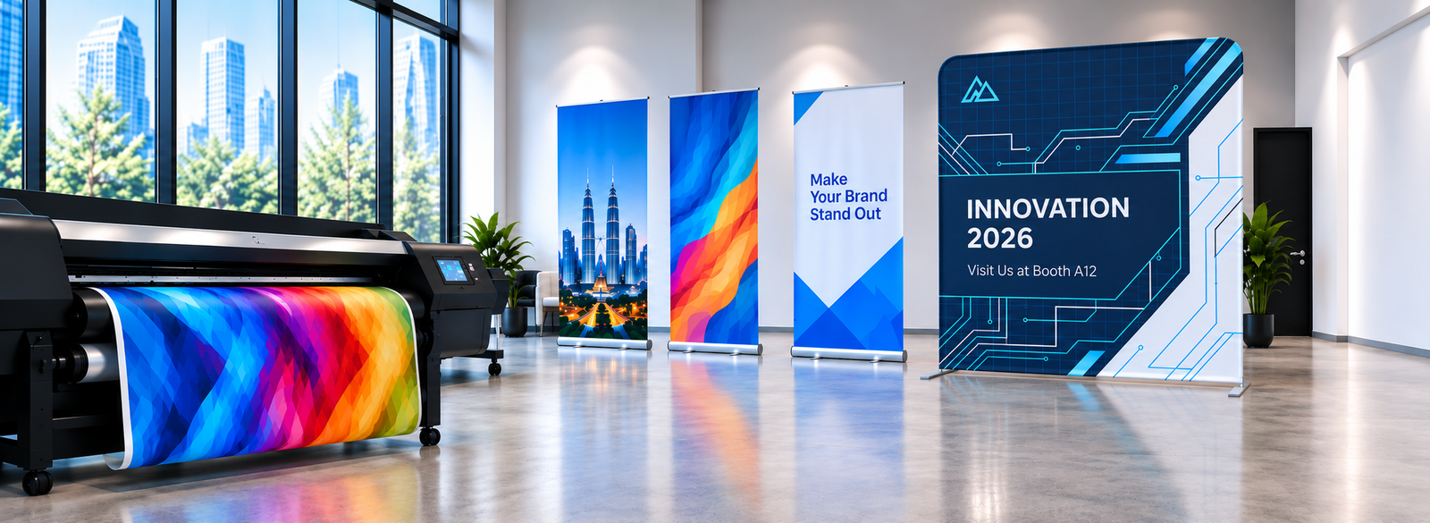 Tension stand and printing displays in a modern printing studio